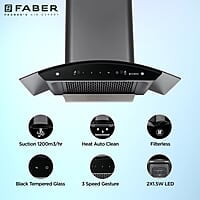 Faber 75 cm, 1200 m³/hr,Auto-Clean curved glass Kitchen Chimney (HOOD SUNNY HC SC BK 75, Filterless technology