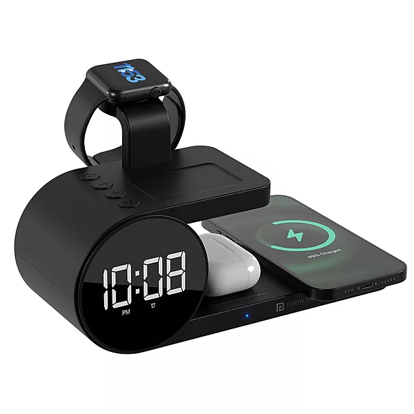 Portronics Freedom 6 – A versatile 6-in-1 wireless charger featuring an integrated alarm clock, perfect for charging multiple devices simultaneously while keeping you on schedule. Sleek and efficient!