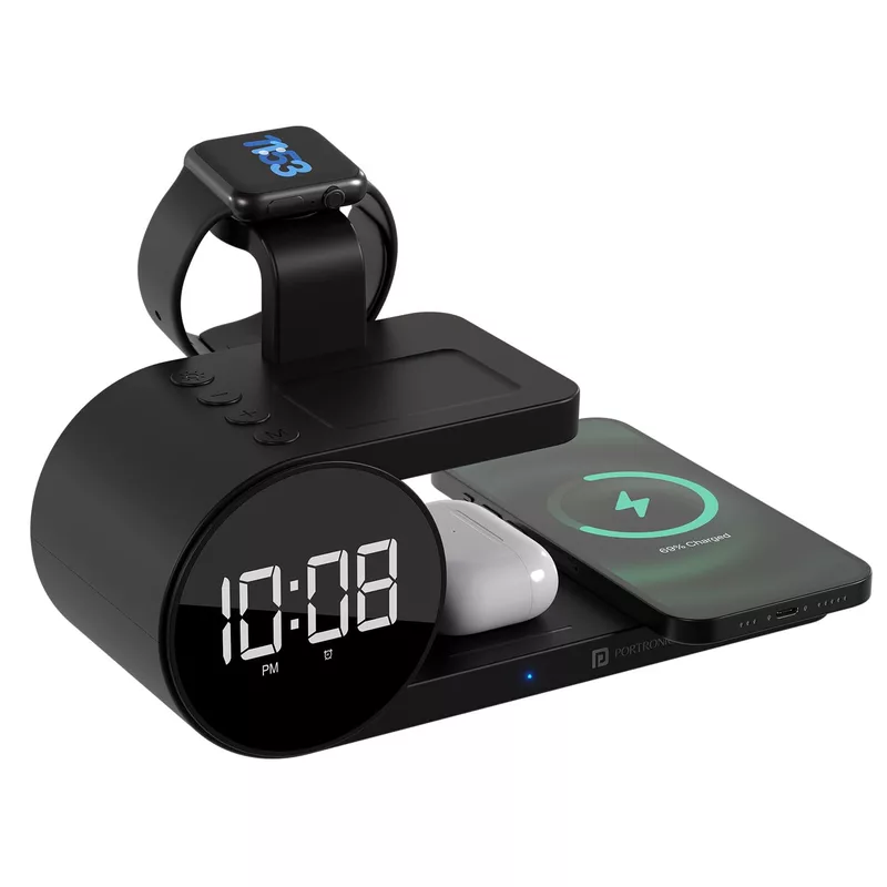 Portronics Freedom 6 – A versatile 6-in-1 wireless charger featuring an integrated alarm clock, perfect for charging multiple devices simultaneously while keeping you on schedule. Sleek and efficient!