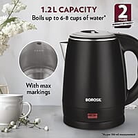 Borosil 1.2L 1350W Cooltouch Multipurpose Electric Kettle | Auto Shut off | Wide Mouth | 304 Food Grade Stainless Steel with Double Wall Cooltouch Exterior | 2 year Warranty | Black