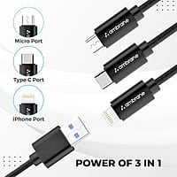 Ambrane Unbreakable 3 in 1 USB Fast Charging Cable with Type C, Lightning, Micro USB Port with 2.1 A