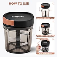 Borosil EazyPull Chopper with 6 Blades, Pull Chopper with Durable String, Mini Chopper for Kitchen, For Chopping Vegetables, Leafy Greens & Herbs, BPA-free, Unbreakable 900 ml Chopping Bowl