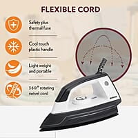 Borosil Glider 1000W Dry Iron with American Heritage Non-Stick Soleplate Coating, Thermostate for Better Heat Conductivity, Dry Ironing for Silk, Nylon, Rayon, Wool, Cotton & More, 2 Years Warranty