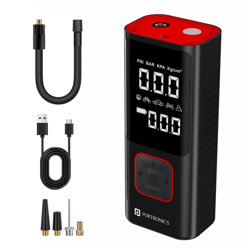 Portronics Vayu 2.0 Rechargeable Tyre Inflator – 150 PSI Pressure | 6000 mAh Battery | Preset Modes | Digital Display | Flashlight Torch | Air Pump Compressor for Car, Bike, Cycle | Black