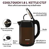 Borosil 1.8L 1800W Stainless Steel Cooltouch Electric Kettle | Boil Water for Tea/Coffee/Soup/Noodles | Water Heater Jug | Auto Cut-off, Dry Boil Protection | Multipurpose Kettle | 1 Year Warranty