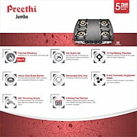Preethi Blu Flame Jumbo Glass top 4 Burner Gas Stove, Manual Ignition,
