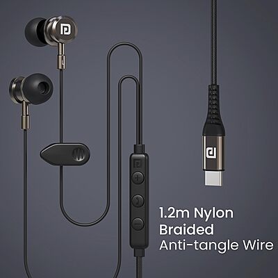 Portronics Tune C In-Ear Metal Earbuds – On/Off/Volume Switch | Braided Cable | Type-C | Grey