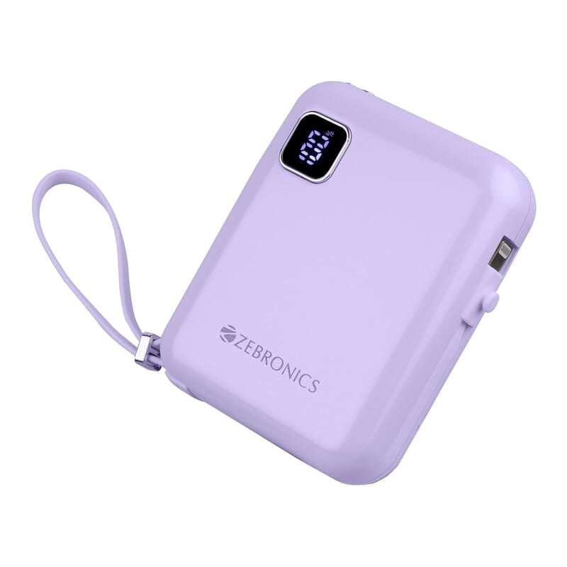 ZEBRONICS MW64 Compact Power Bank, 10000 mAh, Rapid Charge, 22.5W Output, Outputs - Type C Cable | Type C Port | Lightning Port, Percentage Indicator