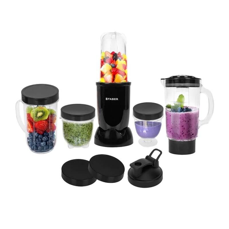 Faber Sportz Blender FSB 5-in-1 Nutrifit Nero  5 PC Jars 1L+500ML+500ML Mug+300ML+300ML Dessert Cup