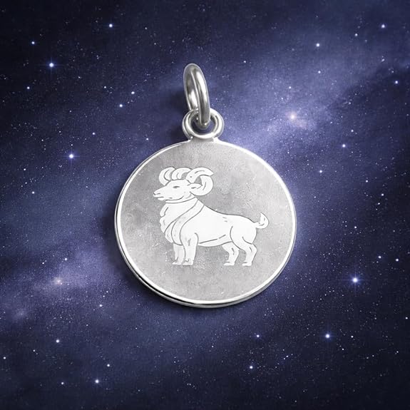 925 Sterling Silver Aries Zodiac Pendant for Men & Women | Horoscope Astrology Charm Necklace | Round Engraved Ram Design