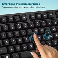 Lapcare WL‑102 combo: 104‑key spill‑resistant wireless keyboard, optical mouse (800–1600 DPI), low‑battery LED alert, USB nano‑receiver & power‑saving mode.