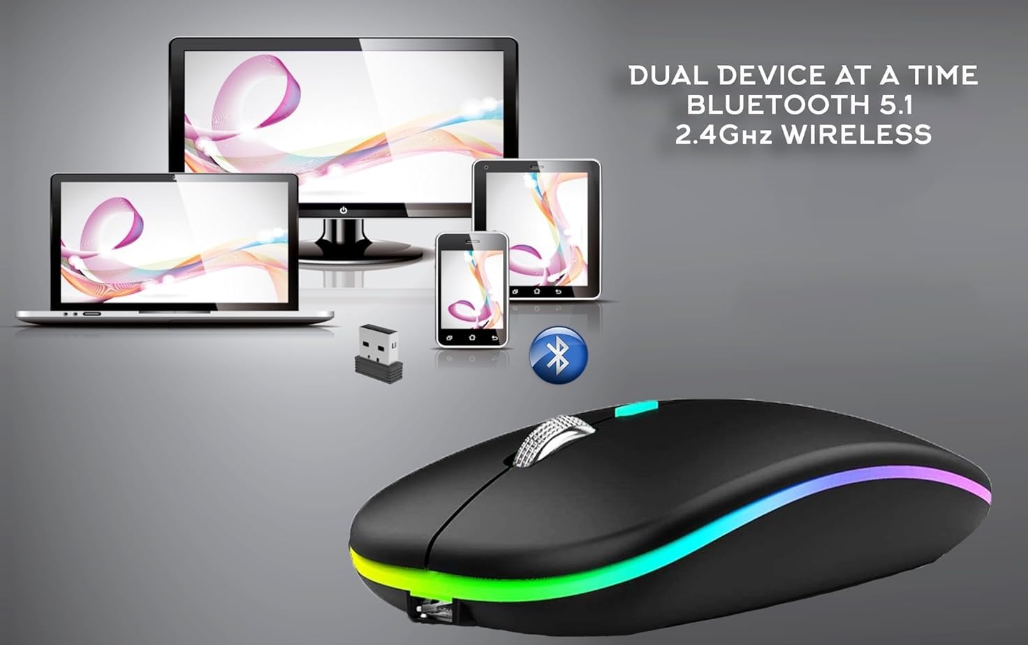 Wireless Bluetooth RGB Mouse: Rechargeable, Silent & Slim Wireless Bluetooth RGB Mouse: Rechargeable, Silent & Slim