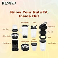 Faber Sportz Blender FSB 5-in-1 Nutrifit Nero  5 PC Jars 1L+500ML+500ML Mug+300ML+300ML Dessert Cup
