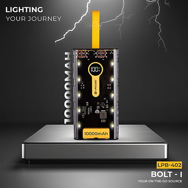 Lapcare Bolt I LPB‑402 10000 mAh Li‑Polymer power bank with Type‑C + USB‑A ports, 22.5 W fast charging, digital display, safety protection.