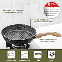 Borosil Vajra Die-Cast Non-Stick Aluminium Round Grill Fry Pan, Frying Pan with Ridges, Black with Wood-Finish Handles, 240 mm Wide, 5 mm Thick