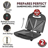 Borosil Klassy 800 Watt Sandwich Maker, 2 Slice Sandwich Maker, Non-stick Nontoxic plates opens 90°, BPA & PTFE Free