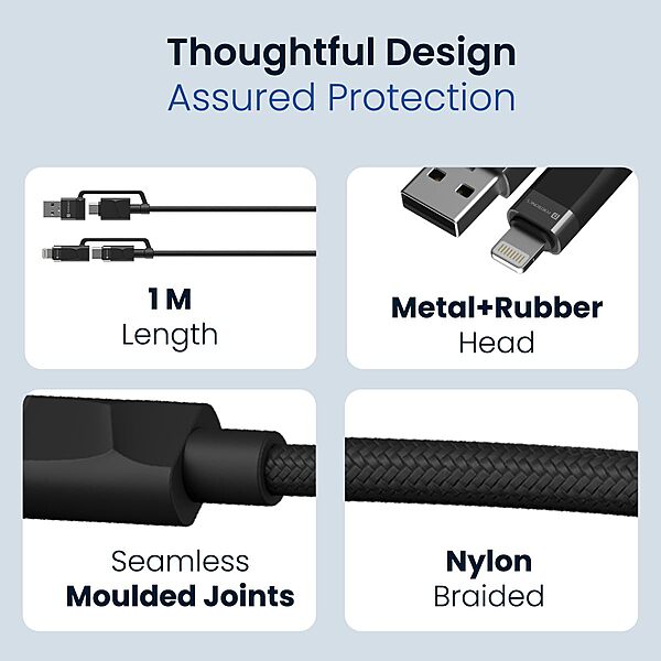 Portronics Omnicord – 60W 4-in-1 Fast Charging Cable, Black. Versatile and efficient, this cable supports multiple devices with rapid charging capabilities, ensuring you stay powered up on the go.