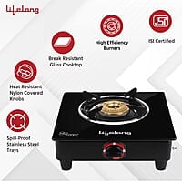 Lifelong LLGS201 Open Single Burner Glass Gas Stove , Manual Ignition, Black