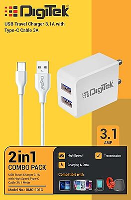 Digitek Dual Port USB Travel Charger 5V/3.1A Wall Charger (DMC-101 Type-C) Digitek Dual Port USB Travel Charger 5V/3.1A Wall Charger (DMC-101 Type-C)