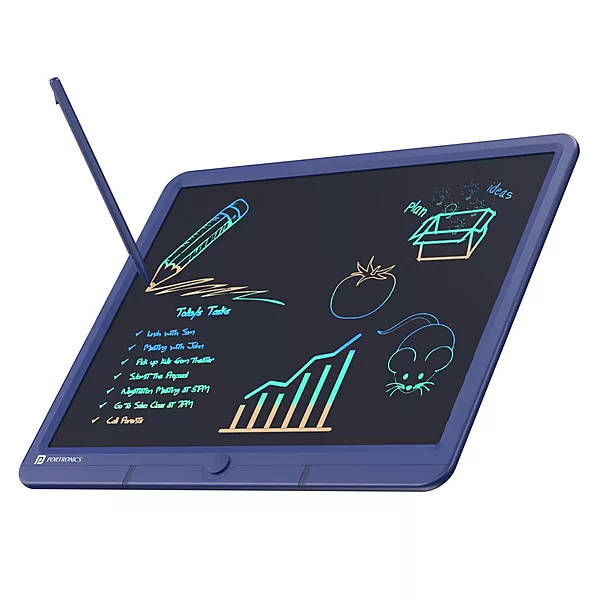Portronics Ruffpad 15M – 15" LCD Writing Pad with App, Blue. Perfect for notes, sketches, and reminders. Lightweight, portable, and eco-friendly. Ideal for students and professionals alike.