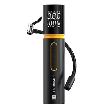Portronics Vayu 5.0 – Quick and efficient tyre inflator, portable and rechargeable, perfect for on-the-go inflation. Compact design, easy to use, ideal for cars, bikes, and sports equipment.