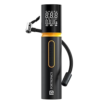 Portronics Vayu 5.0 – Quick and efficient tyre inflator, portable and rechargeable, perfect for on-the-go inflation. Compact design, easy to use, ideal for cars, bikes, and sports equipment.