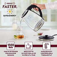 Borosil Electric Glass Kettle, Borosilicate Glass, Extra Long Cord, Dry-boil Protection, 360° Rotating Base, 1.8 L, Transparent
