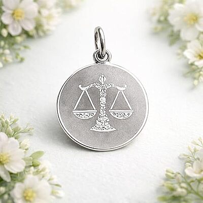 925 Sterling Silver Libra Zodiac Pendant for Men & Women | Astrology Balance Scale Charm Necklace | Round Engraved Horoscope Jewelry