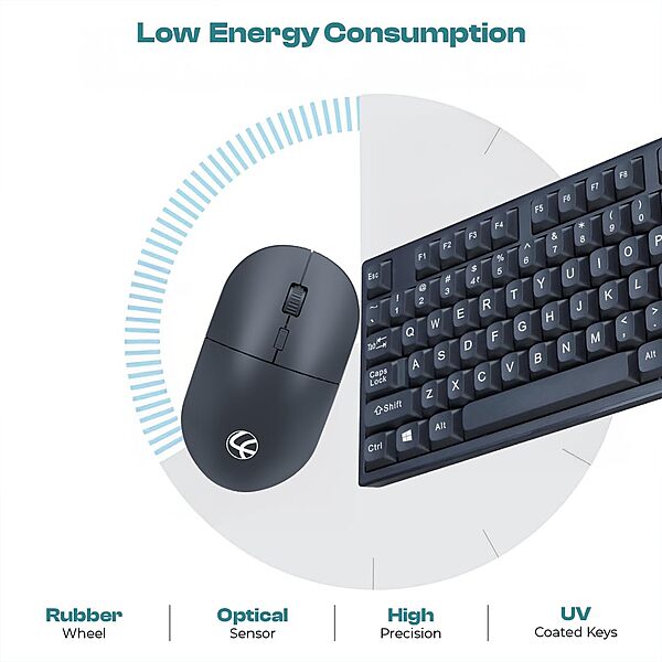 Lapcare WL‑102 combo: 104‑key spill‑resistant wireless keyboard, optical mouse (800–1600 DPI), low‑battery LED alert, USB nano‑receiver & power‑saving mode.