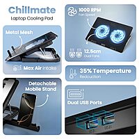 Lapcare ChillMate DCX‑A101 is a lightweight (300g) laptop cooling stand with dual 125mm ultra-quiet fans (1000 RPM), USB-powered, fits laptops up to 15.6".