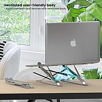 Portronics My Buddy K Pro Ergonomic Laptop Stand – Silver offers adjustable height, sturdy design, and portability. Ideal for comfortable typing and cooling, enhancing your workspace efficiency.
