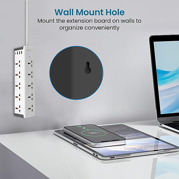 Portronics Power Plate 14 Extension Board – 10 Universal Sockets | 25W Type-C PD | 3 USB Charging Ports | 3 Meter Long Cord | 2500 Watts | Multi-Plug for Home Appliances | White