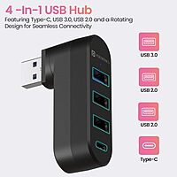Portronics MPort Spin Black – 4-in-1 USB Hub, Type-C. Compact design, 4 ports for seamless connectivity. Ideal for laptops and devices. Fast data transfer and charging capabilities.