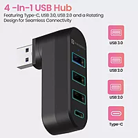 Portronics MPort Spin Black – 4-in-1 USB Hub, Type-C. Compact design, 4 ports for seamless connectivity. Ideal for laptops and devices. Fast data transfer and charging capabilities.