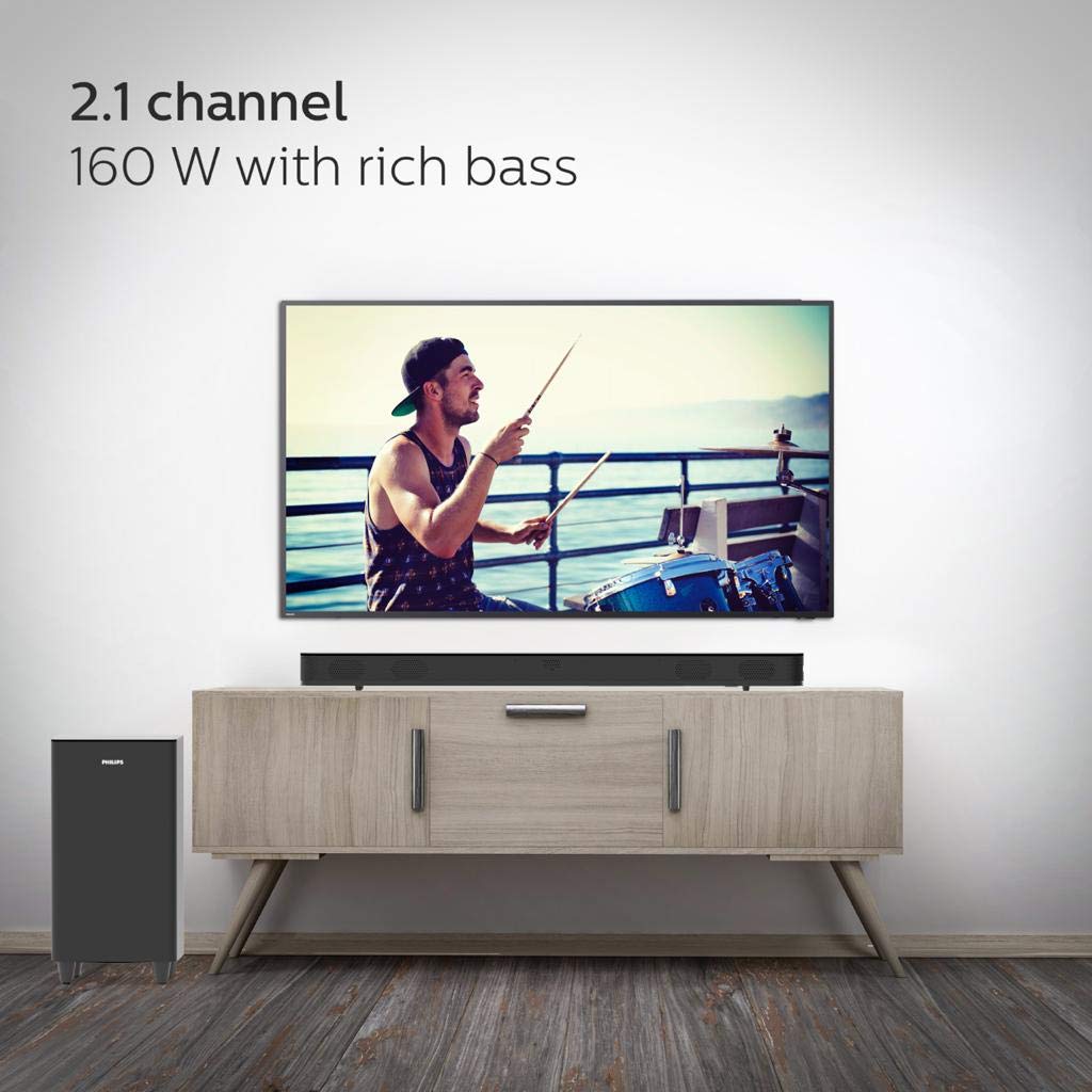 Philips HTL8162 2.1CH 160W Bluetooth Soundbar with Wireless Subwoofer – HDMI ARC, Metal Grille, Glass Top & Touch Control, Black Philips HTL8162 2.1CH 160W Bluetooth Soundbar with Wireless Subwoofer – HDMI ARC, Metal Grille, Glass Top & Touch Control, Black