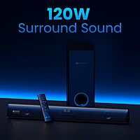 Portronics Pure Sound 106 – 120W 2.1 Home Theatre Soundbar delivers rich sound, powerful bass, stylish design, and versatile connectivity options.