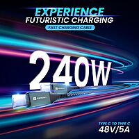 Portronics Konnect 240C – 240W Type-C Cable, 1.2M Black, high-speed charging, durable design, compatible with various devices, perfect for fast data transfer and reliable performance.