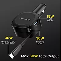 Portronics 60W Car Charger | 3-in-1 with Retractable Cable | Fast charging for multiple devices | Compact design | Ideal for travel | Durable and efficient | Keep your devices powered on the go!