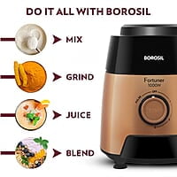 Borosil Fortuner Mixer Grinder Blender Juicer, Copper Motor, For Wet/Dry Mixing & Grinding, Blending Smoothies & Juicing Fruits 1000 Watts, 4 Jars (0.4L+1L+1.2L) (1.5L+1.5L+1.2L+0.4L)