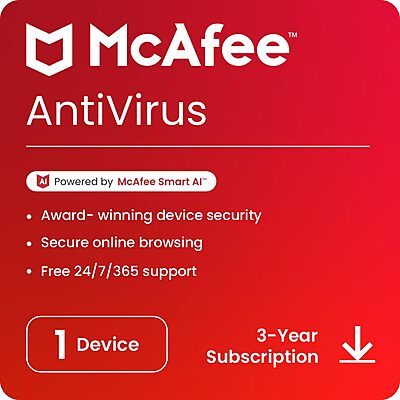 McAfee Antivirus 2024 1 Device 3 Year Internet Security Software