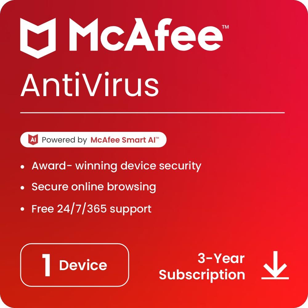 McAfee Antivirus 2024 1 Device 3 Year Internet Security Software