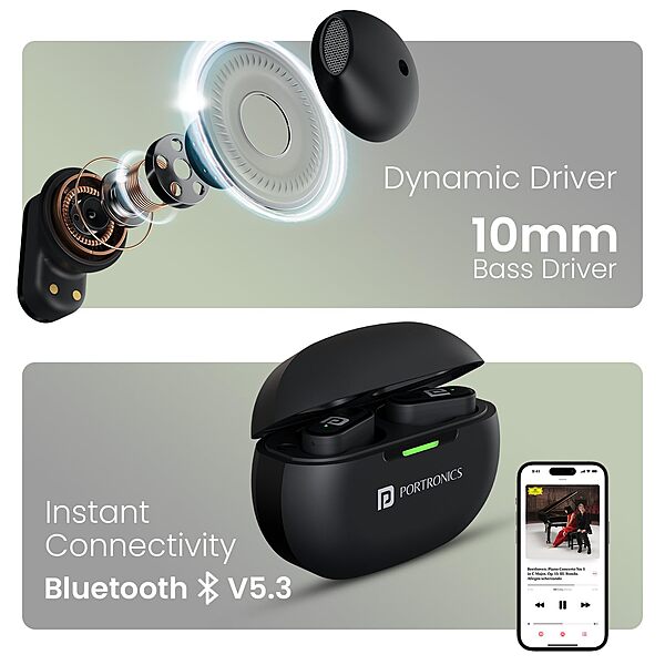 Portronics Twins S17 – TWS Earbuds, Sleek Design, Deep Bass, Touch Control, 20H Playtime, Bluetooth 5.0, Noise Isolation, Comfortable Fit, Perfect for Music & Calls, Available in Black.