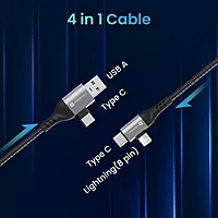 Portronics Konnect 4-in-1 Cable – Fast Charge, Black. Versatile charging solution with multiple connectors for various devices. Durable design ensures longevity and efficient power delivery.