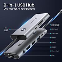 Portronics Mport One – 9-in-1 USB-C Hub features 4K HDMI, USB 3.0 ports, SD card reader, and more. Perfect for expanding connectivity for laptops and devices. Compact and portable design.
