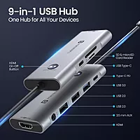 Portronics Mport One – 9-in-1 USB-C Hub features 4K HDMI, USB 3.0 ports, SD card reader, and more. Perfect for expanding connectivity for laptops and devices. Compact and portable design.