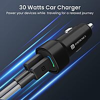 Portronics 30W Dual Output Car Charger Type-C PD & USB Fast Charging with LED Indicator Black
