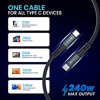 Portronics Konnect 240C – 240W Type-C Cable, 1.2M Black, high-speed charging, durable design, compatible with various devices, perfect for fast data transfer and reliable performance.