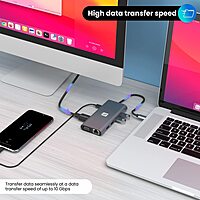 Portronics Mport 11C – 11-in-1 USB-C Hub, featuring 4K HDMI output, Power Delivery, multiple USB ports, SD card reader, and Ethernet, perfect for expanding your device connectivity.