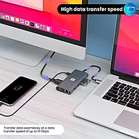 Portronics Mport 11C – 11-in-1 USB-C Hub, featuring 4K HDMI output, Power Delivery, multiple USB ports, SD card reader, and Ethernet, perfect for expanding your device connectivity.