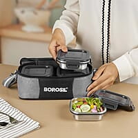 Borosil Feast Stainless Steel Lunch Box with Bag | Set of 4 (400 ml x 2 + 250 ml x 2), Square